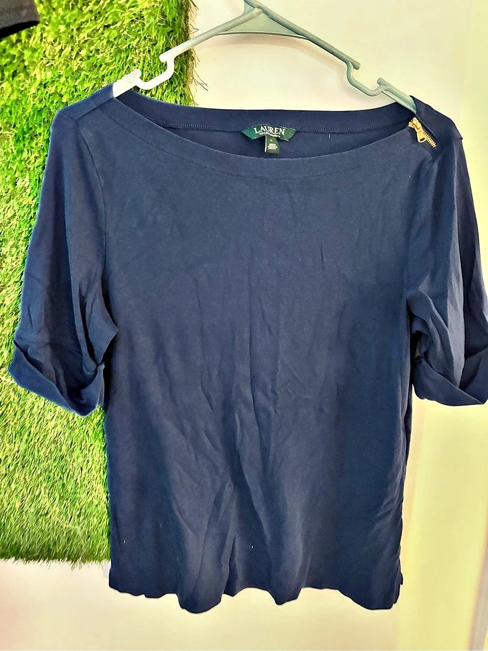 Lauren Ralph Lauren Stretch Cotton Boatneck Top with Shoulder Zipper Blue Large
